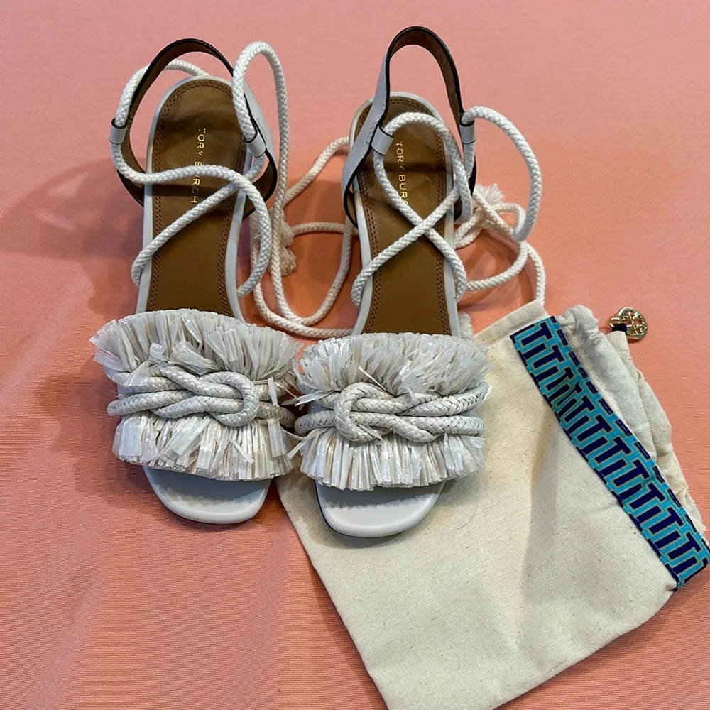 New Tory Burch Rope-Design Sandals. White. Size 6.5. Includes Dust Bag.